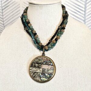Chico’s Colorful Glass Beaded Necklace Abalone Gold Tone Medallion